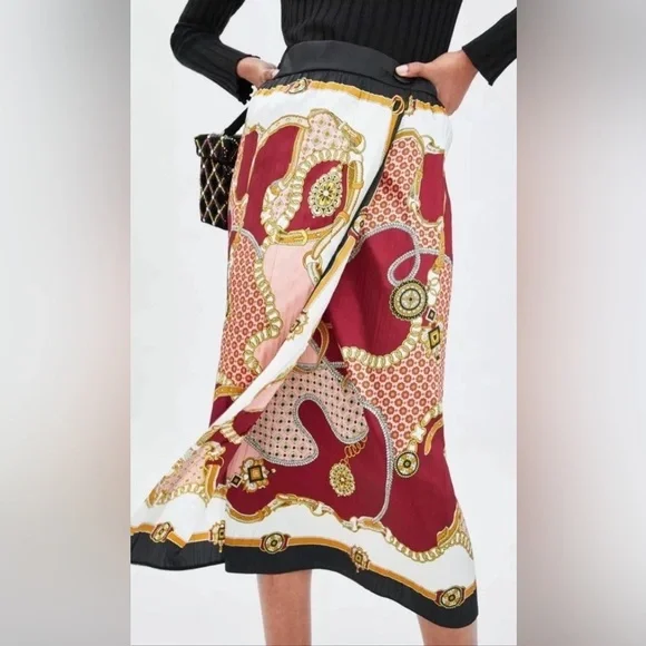 Zara Chain Print Pleated Midi Wrap Skirt, Size L-XL - Picture 5 of 14